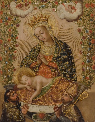 A Virgem Adoradora do Menino Jesus com Dois Santos, século XVIII (óleo com ouro em cobre) de Cuzco School